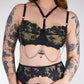 Person wearing black lace lingerie with chains on a plain background