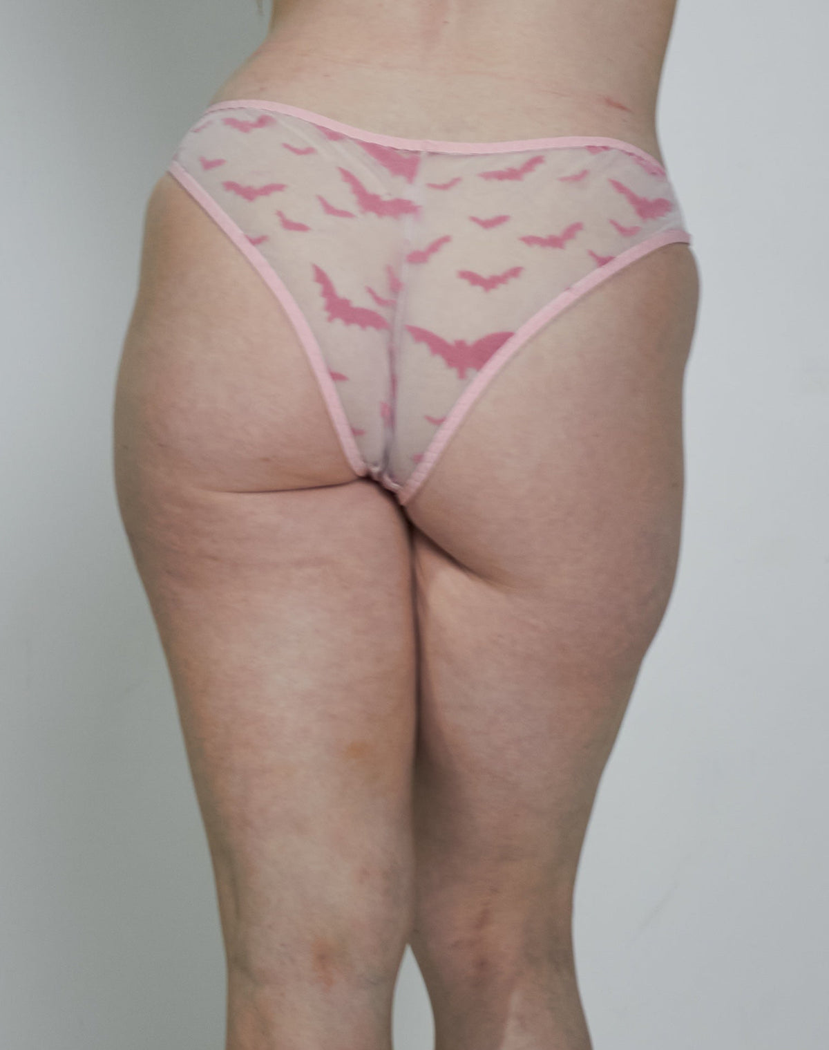 A woman shown from behind wearing a light pink lingerie set with sheer mesh and a small pink bird pattern on the thong, against a plain light gray studio background.