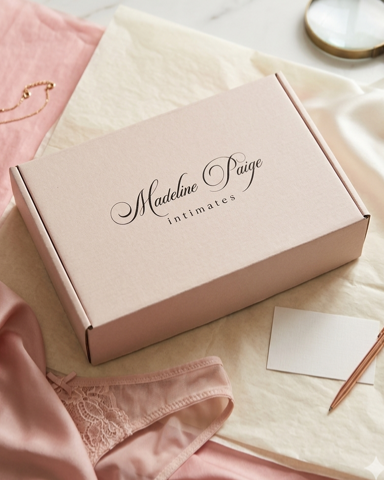 Pink 'Madeline Paige intimates' box on a marble surface with lingerie and jewelry.